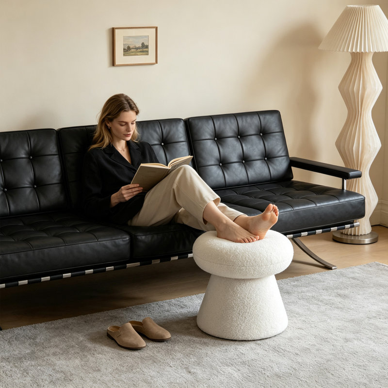 Tabouret de repose-pieds blanc en tissu Teddy, White