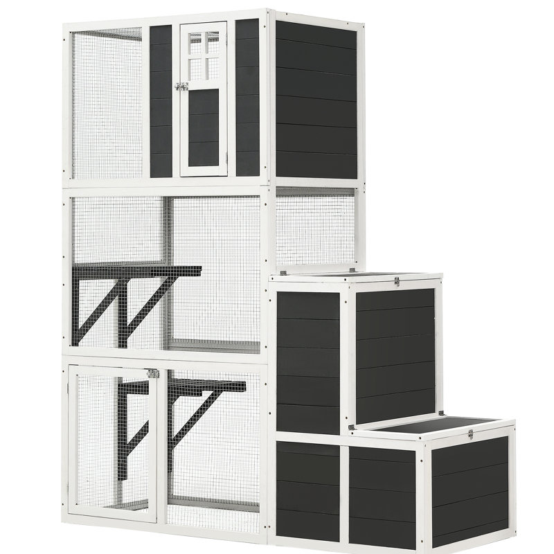 Enceinte pour chat 71 "en bois gris avec boîte à sauter et 2 salles de repos, 3 grandes cages, 4 plateformes, portes, pour 1 à 3 chats, intérieur
