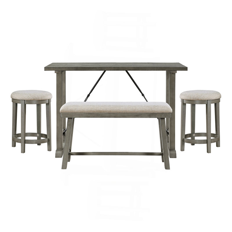 4PC Counter Height Dining Set Light Gray Finish Counter Height Table With Bench 2X Stools Foam Cushioned Seats Kitchen Dining Breakfast Furniture