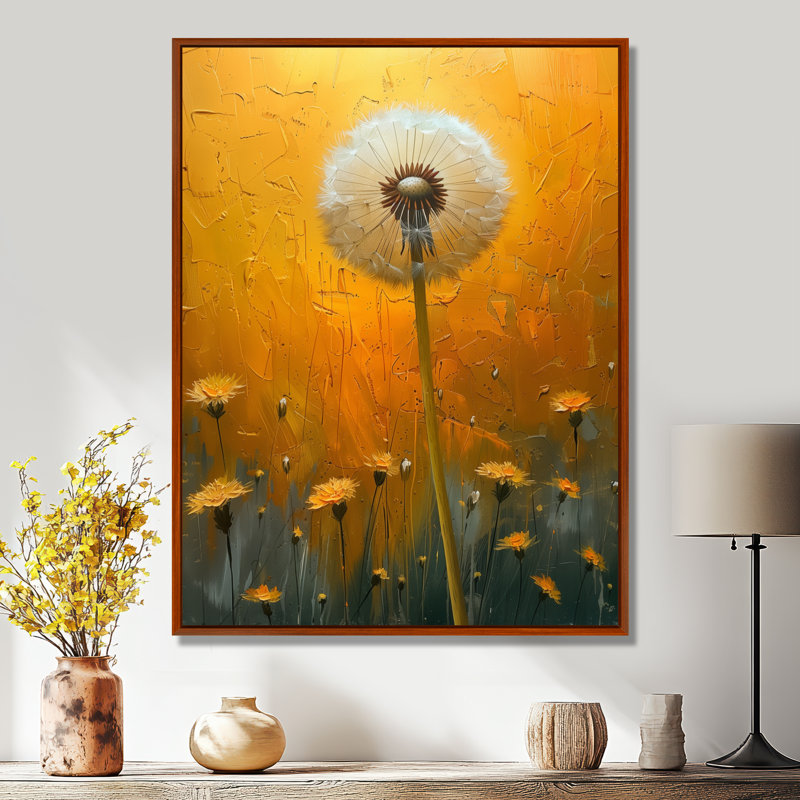 Art nouveau blanc et jaune pissenlit Collage I - impression d'art mural pissenlit, Cadre flottant brun, 12" H x 20" W
