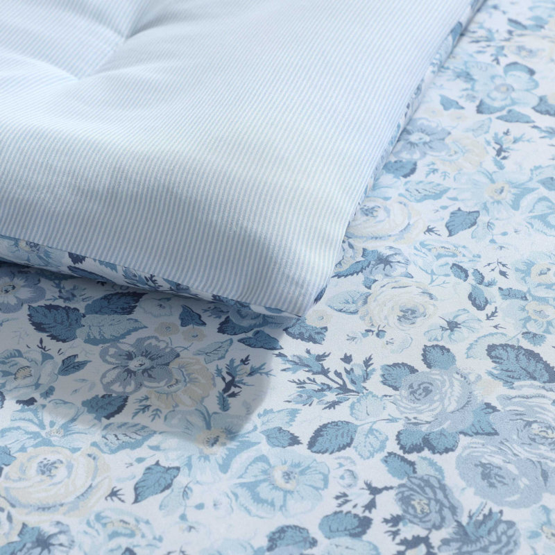 Twin Blue Cotton Reversible Floral Bedding Set