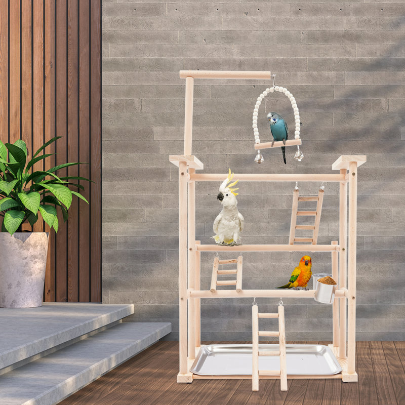 Natural Wood Three-Layer Bird Playground with Swing and Ladder