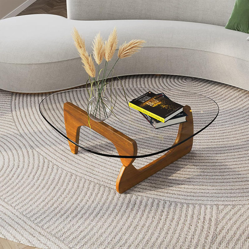 Table basse triangulaire en verre avec base en bois, table basse moderne en verre trempé Mid-Century pour le salon, Brun