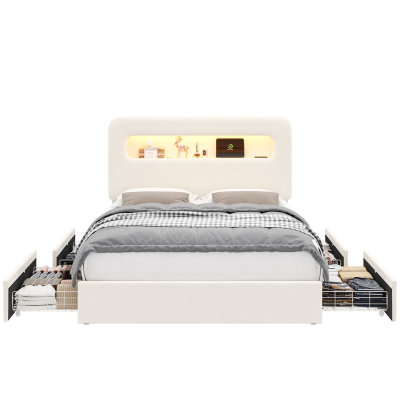 Upholstered Bed Frame, Storage Bed with LED and Charging Station, Full, White