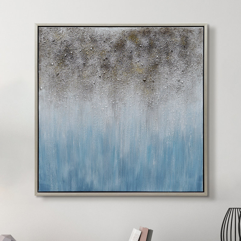Blue Shadow Abstract Hand Painted Canvas with Silver Frame, 36" x 36"