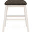 5 comptoirs de style transitionnel, tabourets gris foncé, table, pieds inclinés, tablettes de rangement ouvertes