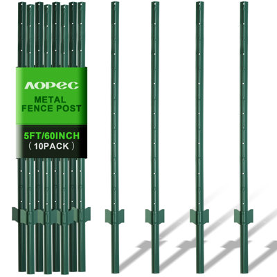 Fence Post 5 Feet / 60 Inch, Pack of 10, Heavy Duty Metal Fence Posts, No Dig U Post with U-Channel, Adjustable Tabs & Anchor Plate, Rust-Proof Steel Fence Stakes for Garden, Farm, Lawn, Poultry
