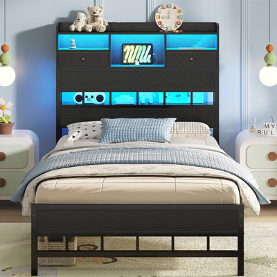 Twin Size Bed Frames With Headboard And 5 Storage Shelves & Under Bed Storage, Platform Bed Frames Twin With Led & Charging Station,no Box Spring Need by Wrought Studio