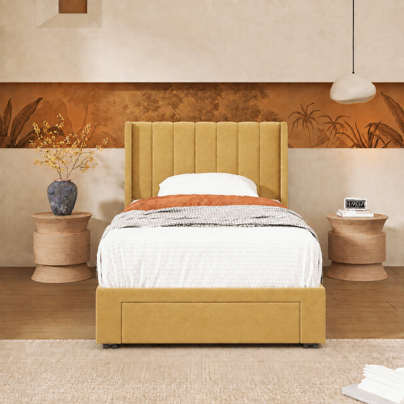 Lit plateforme avec rangement Jeilyn, Simple, Or pâle