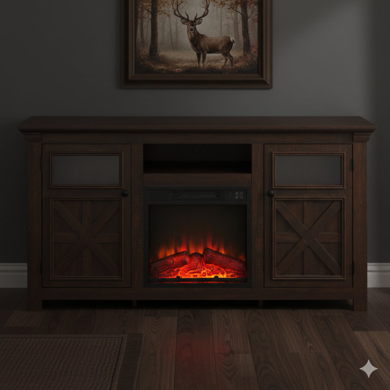 Barn-Design Farmhouse Cabinet With Two Doors, Inspired By Large Barn Style, Home Entertainment Console With 18-Inch Fireplace Insert, Espresso Finish, Dimensions 60.23" W X 15.35" D X 31.7" H