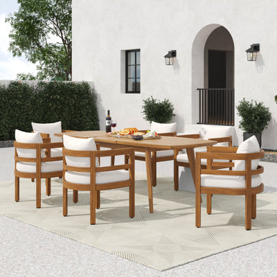 Trancy Patio 7-Piece Acacia Wood Dining Set With Cushions & Expandable Table