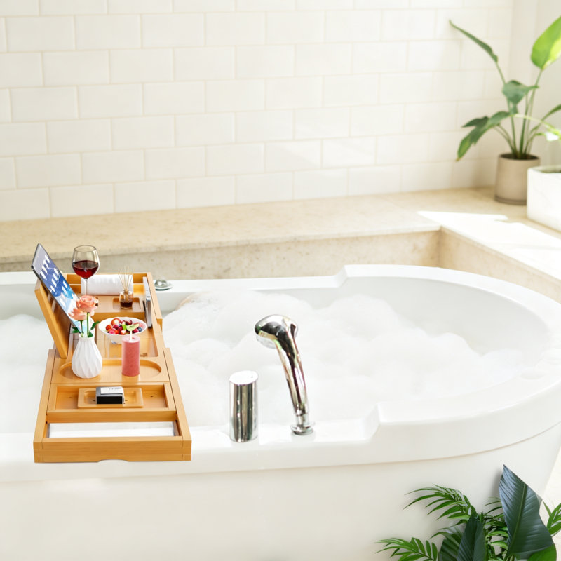 Plateau de bain pliable et ajustable en bambou avec repose-livres
