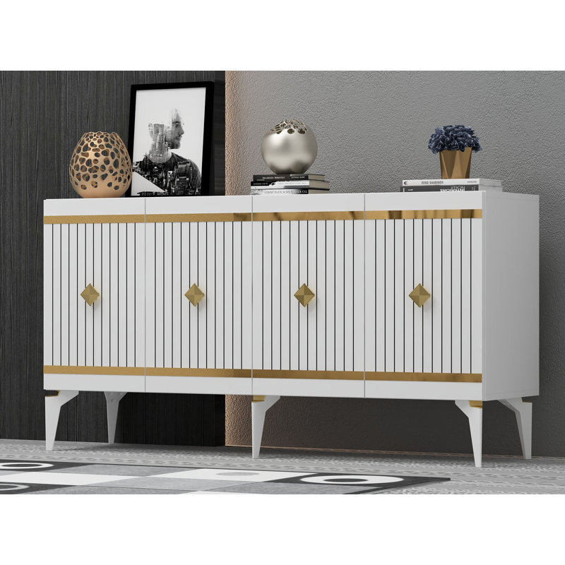 Buffet à 4 portes or / argent avec portes cannelées et garniture de panneau, Blanc / Doré