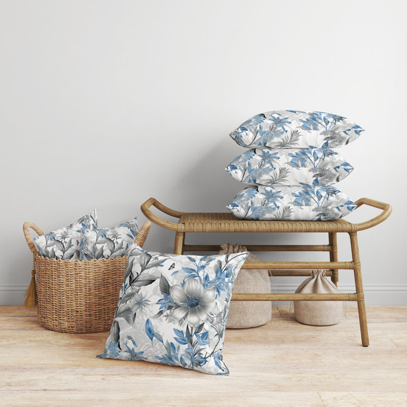 Oreiller réversible intérieur / extérieur Exorable Floral Breeze, Floral gris / bleu, H 18 po x l 18 po