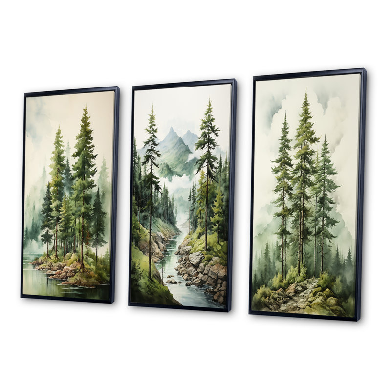 Arbre vert pin vert Eternal Guardians III - ensemble d'art mural pin 3, Cadre flottant noir, H 32 po x l 48 po