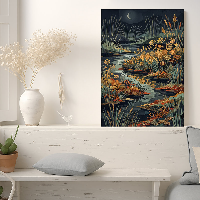 Art mural sur toile mosaïque bleu foncé avec lune et hautes herbes, H 24 po x l 16 po