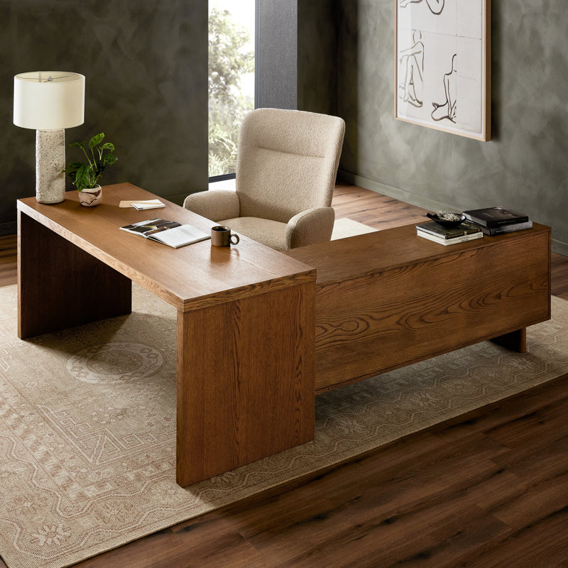 Leshawn Leshawn L-Shaped Wood Executive Desk, Amber Oak