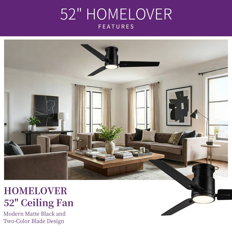 Homelover 52" Modern Flush Mount Ceiling Fan With Light, Low Profile DC Reversible Ceiling Fan, Dual‑Sided Blades, 3Cct Dimmable Reversible Dc Motor Timer Memory