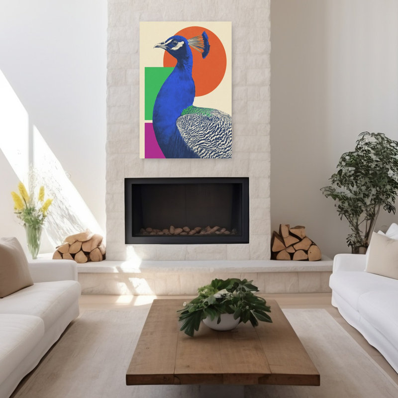 «Vibrant Peacock Profile», oiseau coloré abstrait, faune tropicale, art mural, H 48 po x l 32 po