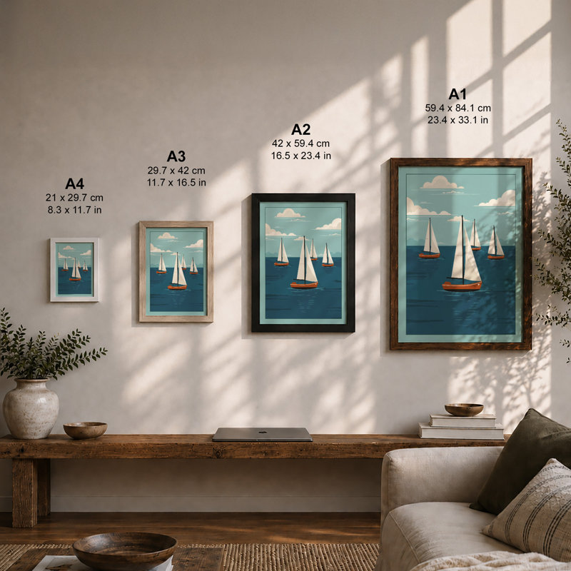 Sailing Boats at Sea Coastal - Framed Print, A3 - 42.0 x 29.7 cm, Oak