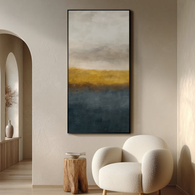 Extra Large Wall Art Fabric Print - Golden Field and Blue Water Abstract Landscape Artwork Decor for Living Room or Bedroom - "Frame Assembly Required (Unfinished Frame)"