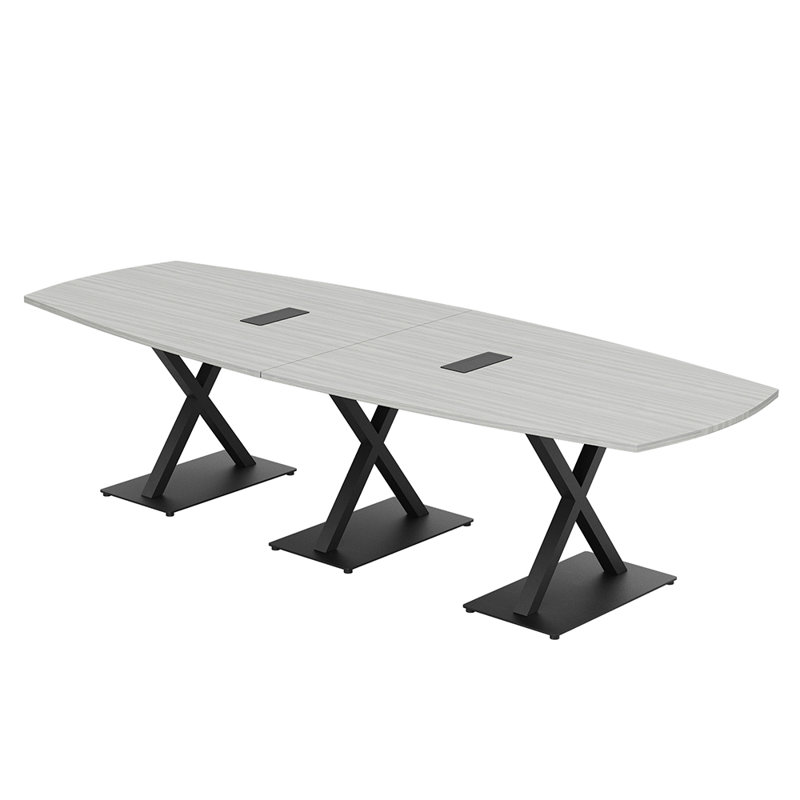 Table de conférence Pavert Arc Boat avec base en X en métal | Unité électrique, H 30 po x l 144 po x P 48 po, Cyprès blanc