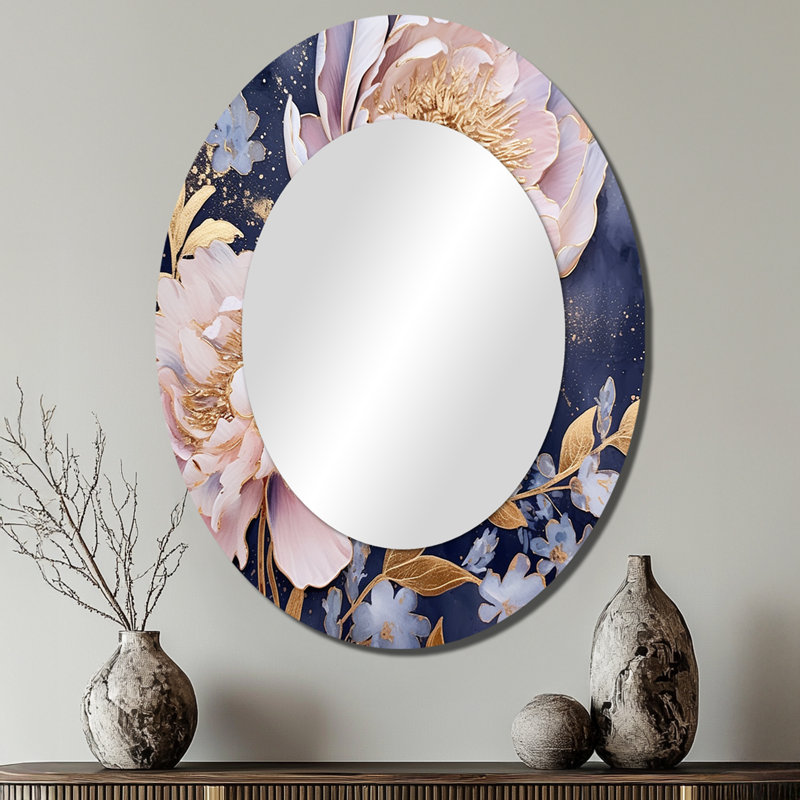 Pivoines roses sur fond bleu - miroir ovale bleu, 40 po x 30 po