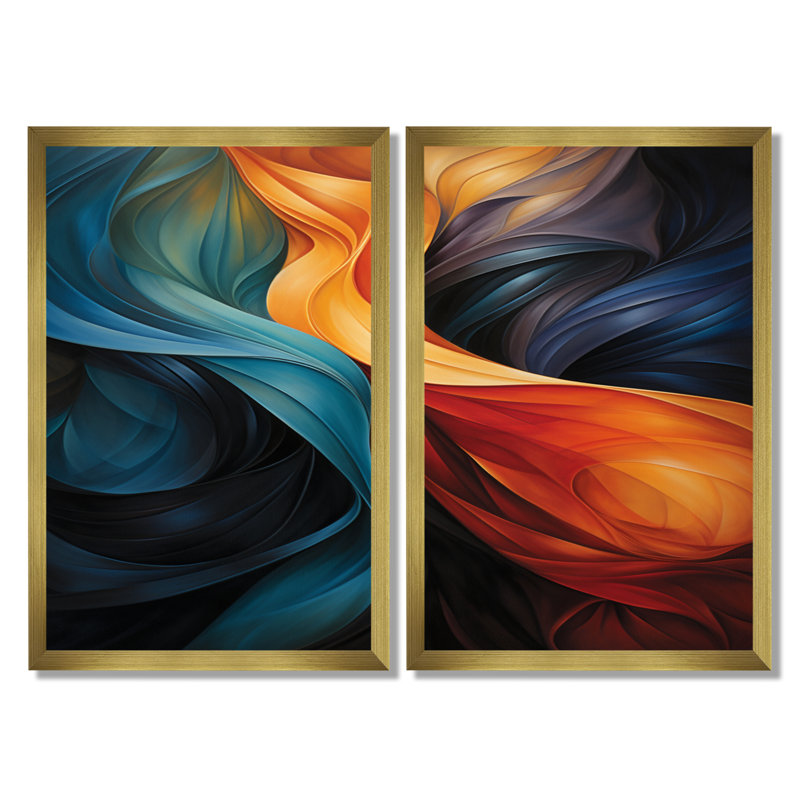 «Retro Blue Orange Liquide Streams - Waves», impression sur toile abstraite sarcelle 2 pièces, H 36 po x l 48 po, Doré