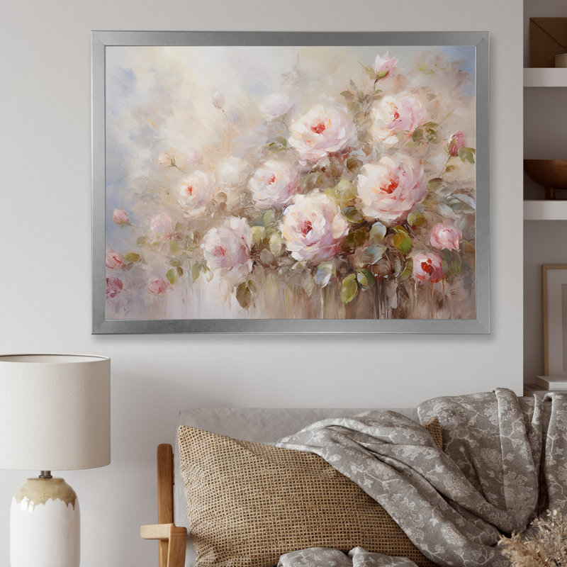 «Pink Roses Farmhouse Charm - Roses, art sur toile, Cadre simple noir, H 30 po x l 40 po, Argent argent