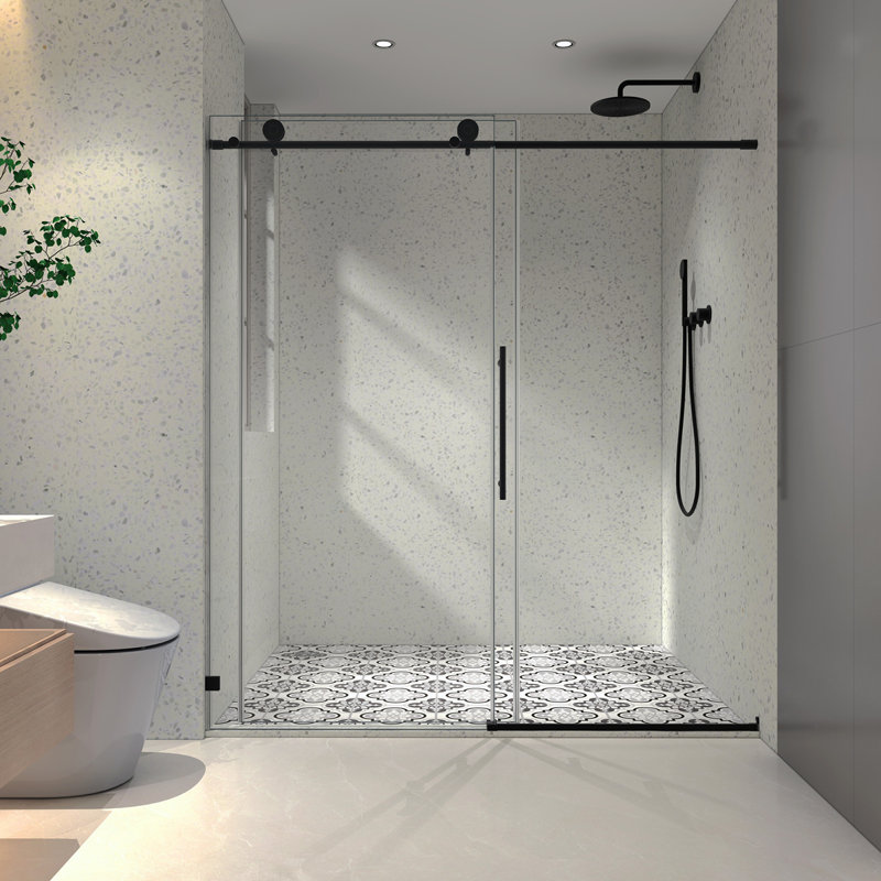 6076 noir mat sans cadre, une porte de douche fixe et une porte décalée, grandes poulies en acier inoxydable de 70 mm avec fonction de fermeture en douceur réglable, nettoyage facile, poignée anti-déflagrante