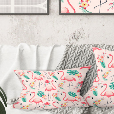Coussin tropical botanique, fleurs et flamant rose ii