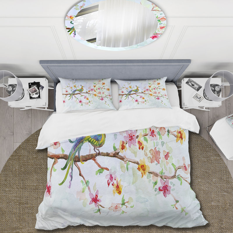 Little Bird On Blooming Branch - Traditional Duvet Cover Set - Microfiber Polyester, Queen Duvet Cover + 2 Standard Shams