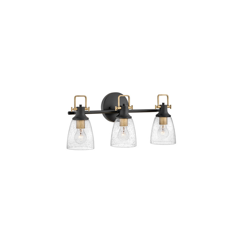 Easton Three-Light Bath Vanity Fixture w/ Clear Seedy Glass Shades, Black/Gold