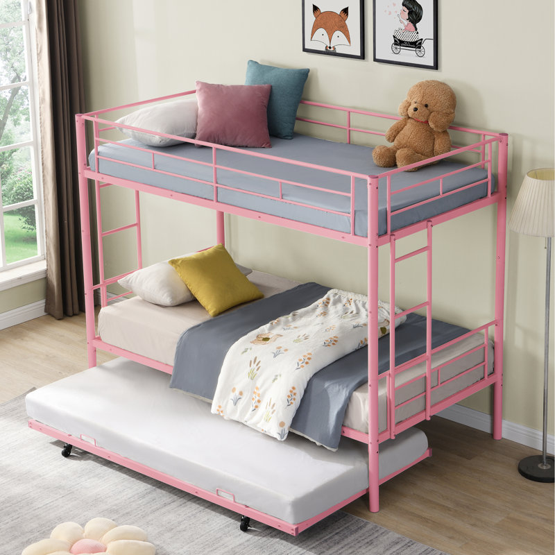 Lit superposé en métal avec lit gigogne rose - Délice de chambre à coucher moderne, conception d'espace, construction durable, fonctionnement silencieux et stable, grande capacité de charge, escalier sécuritaire inclus, lit simple