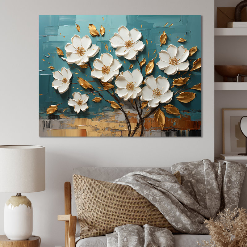 Blanc et or, charmante fleur printanière en fleurs IV - Fleurs, art mural, Toile tendue, H 24 po x l 32 po x P 1 po