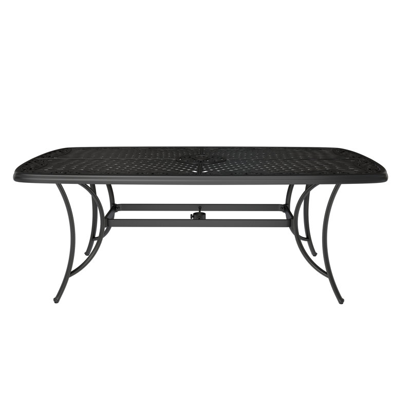 Table de salle à manger rectangulaire en aluminium coulé de 72,6 po de largeur avec plateau en treillis et trou pour parasol de 2 po
