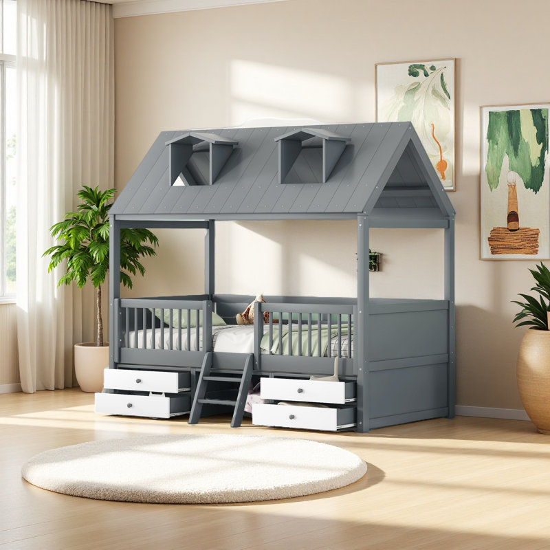 Wood Bed House Bed Frame, Gray, Twin