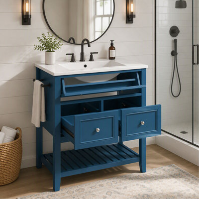 Meuble-lavabo de salle de bain, 30 po, avec lavabo en céramique, armoire de rangement autoportante avec tiroir basculant, 2 tiroirs et tablette à lattes ouverte, porte-serviettes réversible, poignées argentées, panneau de fibres à densité moyenne