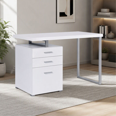 White Reversible Office Desk, 3-Drawer Storage, Home Office Computer Table