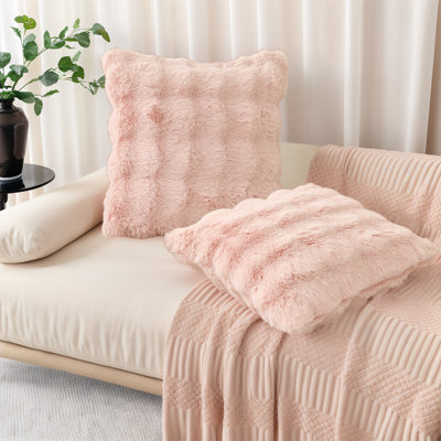 Set Of 2 Luxury Faux Rabbit Fur Pillow Covers - Ultra Soft Plush Decorative Cushions 17.7X17.7 Inch For Sofa & Bedroom