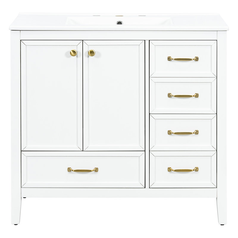 Meuble-lavabo 36 po avec lavabo en céramique, structure en pin massif, finition blanche, tiroirs, solution de rangement multi pour 36 po en blanc