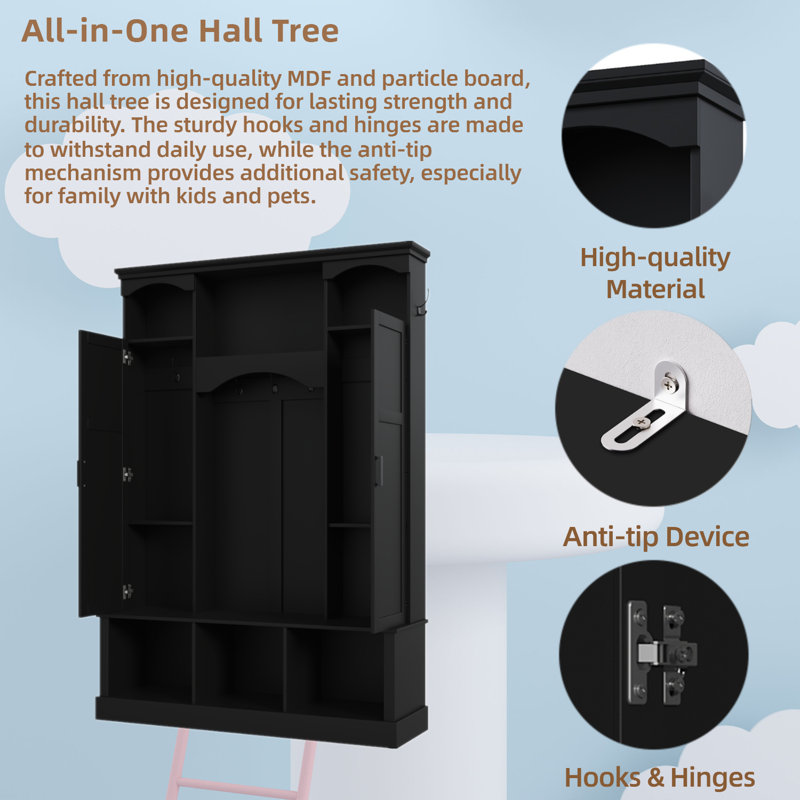 Multi-Functional Hall Treewith Adjustable Shelves, Storage Bench, 7 Coat Hooks, Black