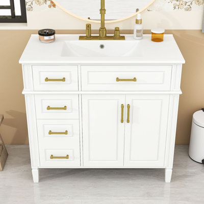 Meuble-lavabo avec lavabo en céramique, 4 tiroirs, tablette réglable et charnières à fermeture en douceur