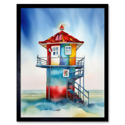 Lifeguard Tower Folk Art Watercolour Painting Artwork Framed Wall Art Print 9X7 Inch