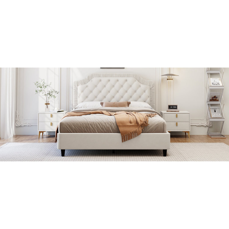 Grand lit tapissier avec tête de lit en velours, sans sommier, bois massif, capacité de poids de 600 lb, Grand lit, Blanc