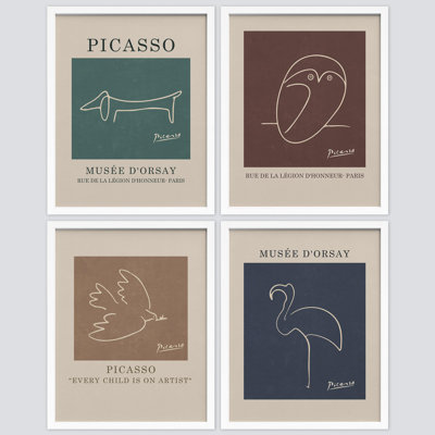 " Mid-Century Bird Sketch Variety Nature " 4 Piece Art Print