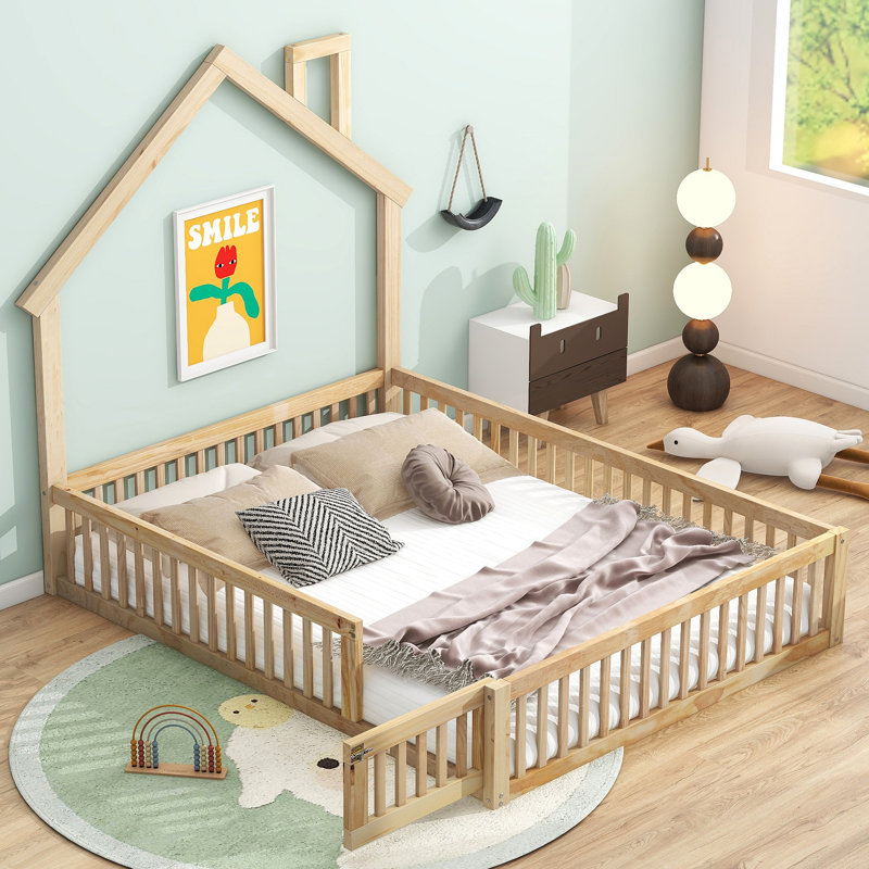 Lit plateforme avec garde-corps Wood House, Naturel