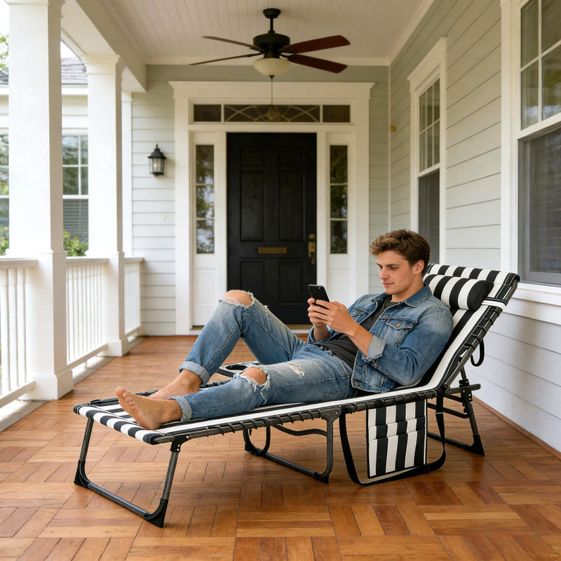 Fauteuil de bronzage, chaise longue pliante d'extérieur, Blanc / Bleu