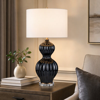 Lampe de table noire polie de 82 cm (32,25 po) de hauteur avec base en cristal et abat-jour en lin blanc