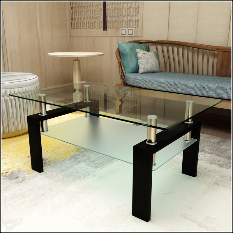 Table basse rectangulaire moderne en verre noir avec surface transparente et beaucoup de rangement pour les salons élégants
